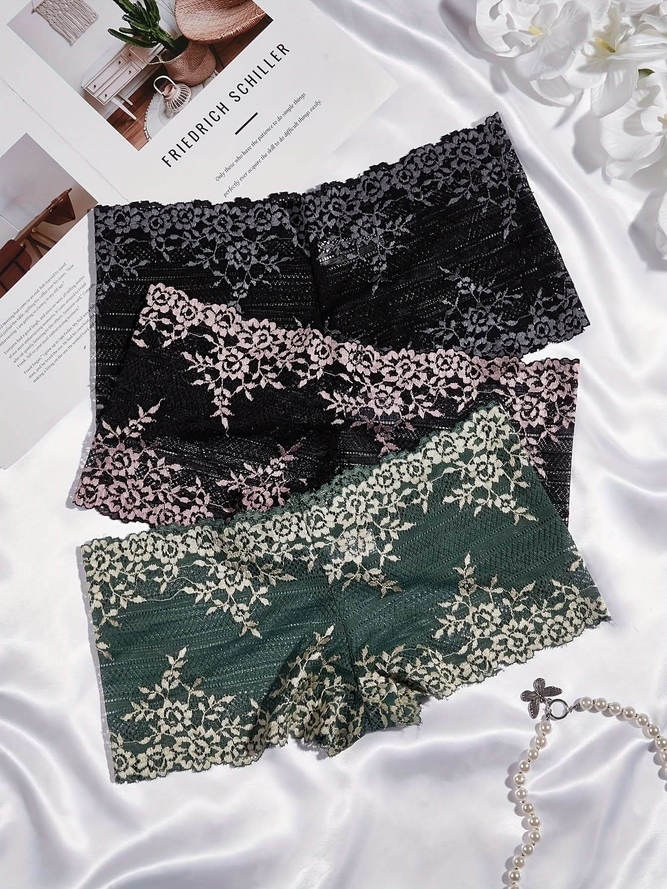 3pcs Floral Lace Boyshort Panties, Soft & Comfortable Intimates Panties, Women's Lingerie & Underwear - LustMia