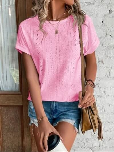 Eyelet Round Neck Short Sleeve T-Shirt - LustMia