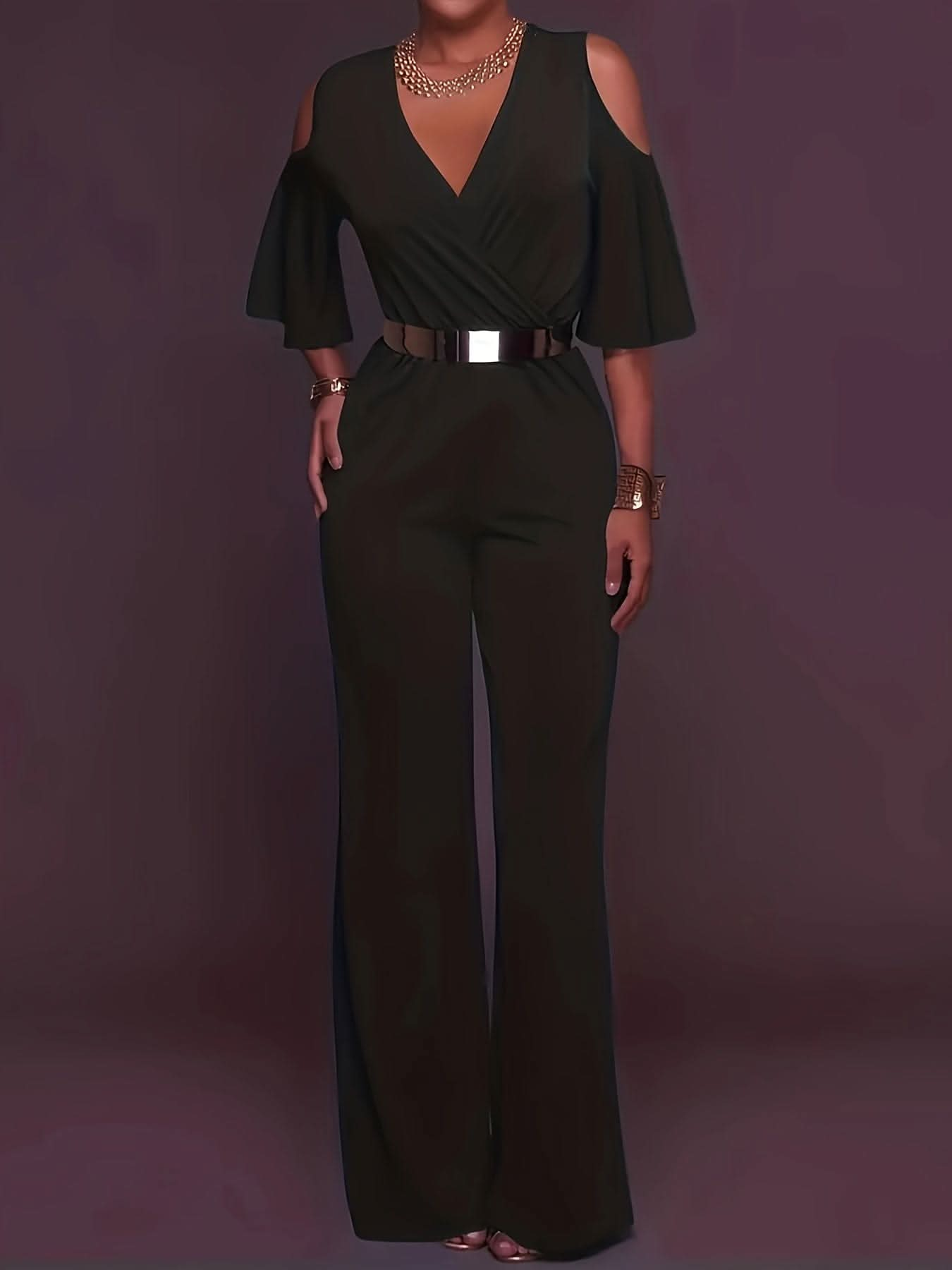 Elegant Cold Shoulder Vneck Jumpsuit - LustMia