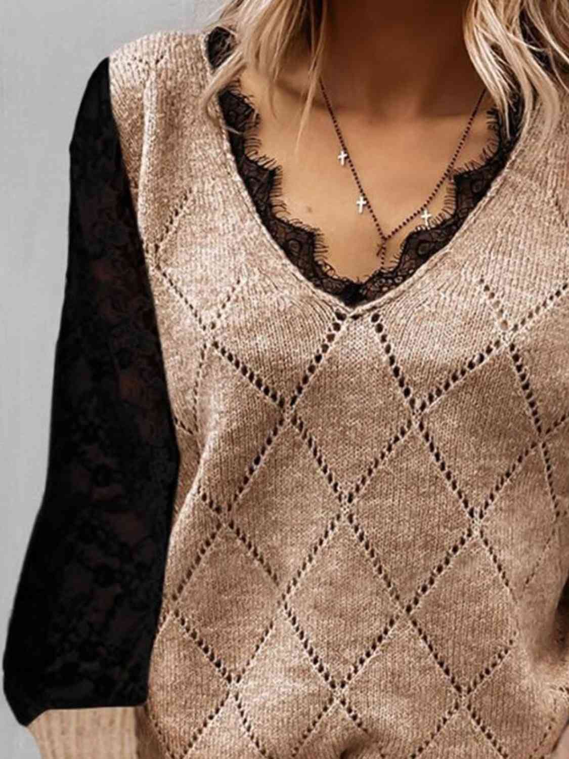 Lace Decor V Neck Two Tone Sweater - LustMia