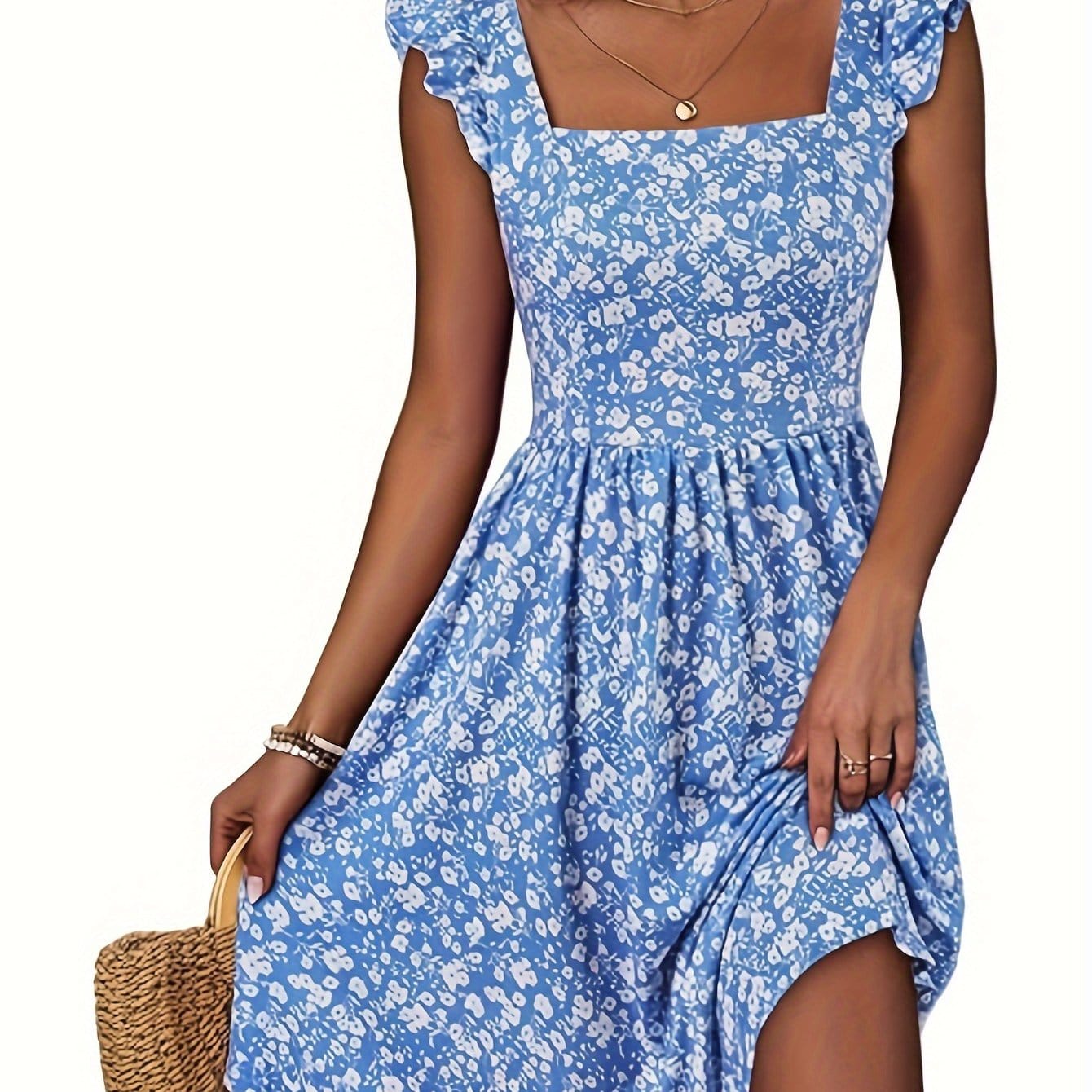 Floral Square Neck Dress with Ruffle Hem Pockets - LustMia