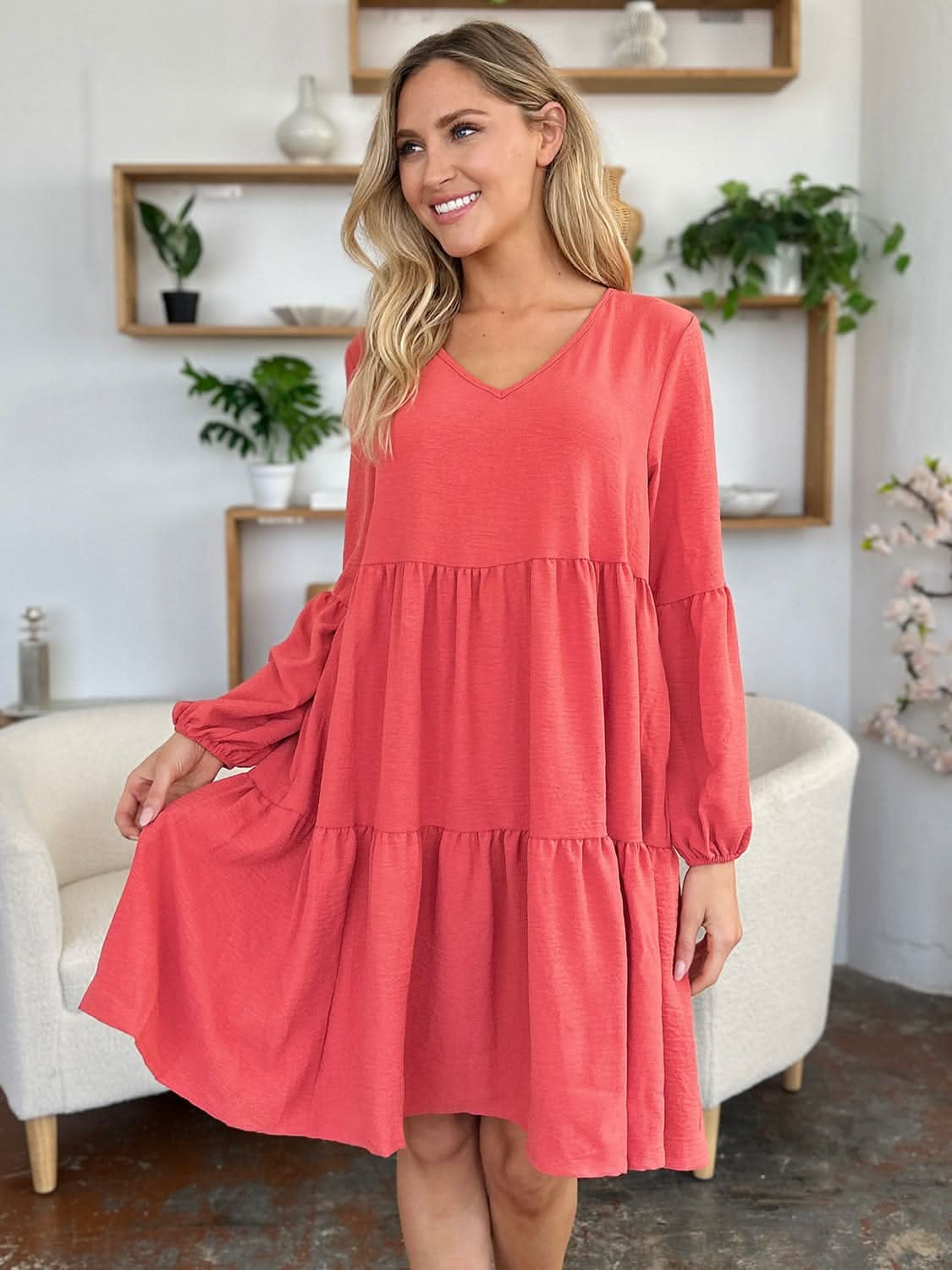 Double Take Full Size V - Neck Balloon Sleeve Tiered Dress - LustMia