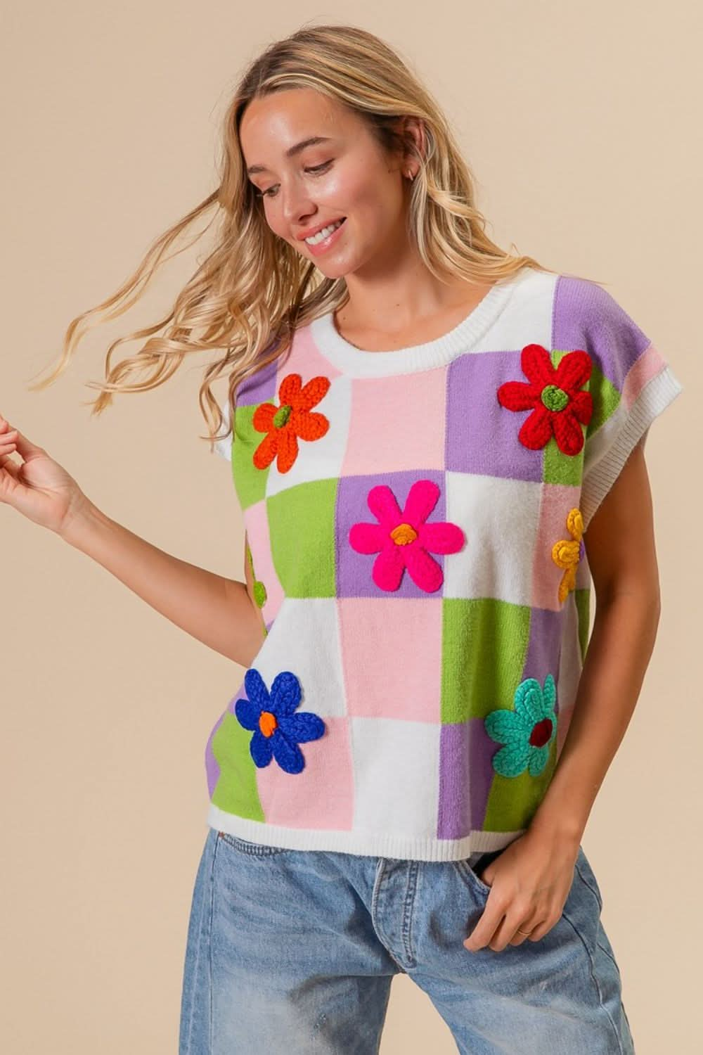 BiBi Flower Patch Checkered Sweater Vest - LustMia