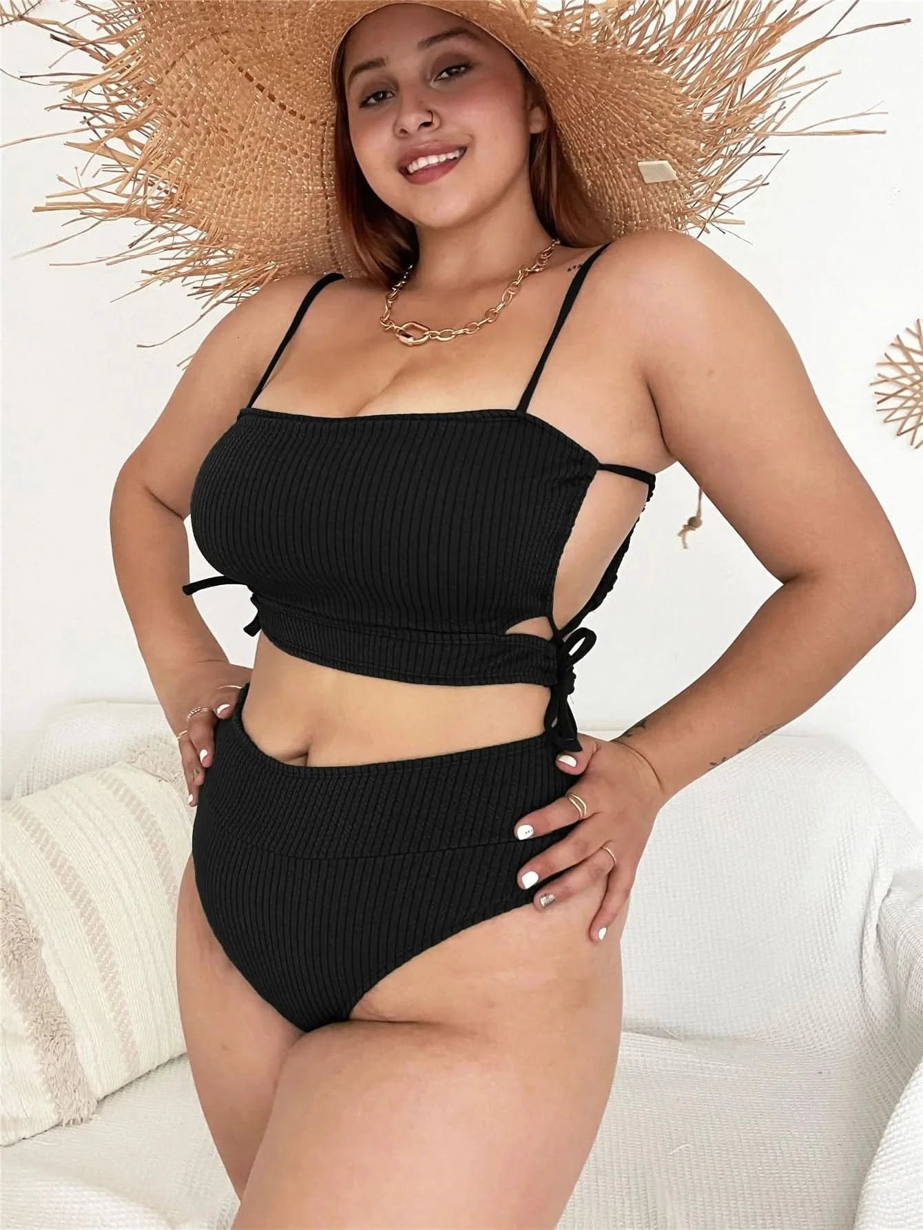 Women Plus Size Bikini Solid Color Bikini Two Piece High Waist Bikini Swimsuit Swimwear Gather Bikini Swimming Beach - LustMia