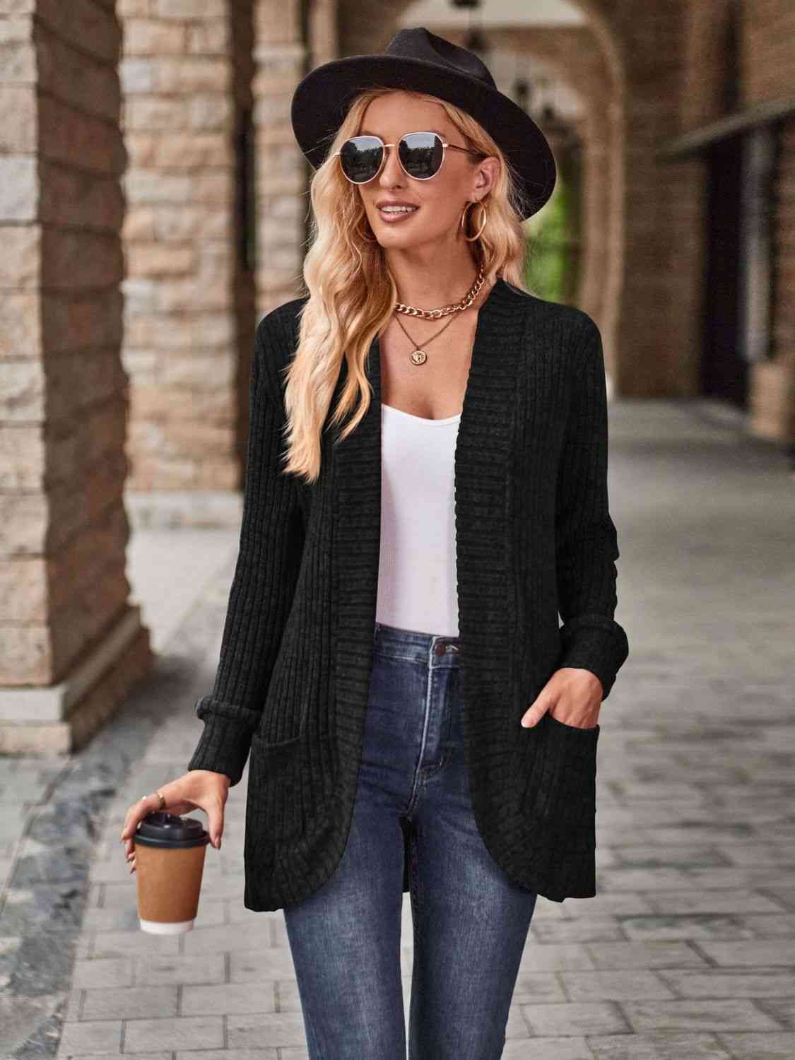 Open Front Cardigan with Pockets - LustMia