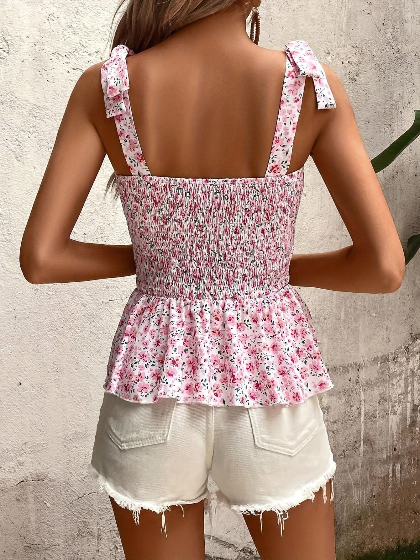 Chic Floral Backless Tank Top with Ruffle Hem - LustMia