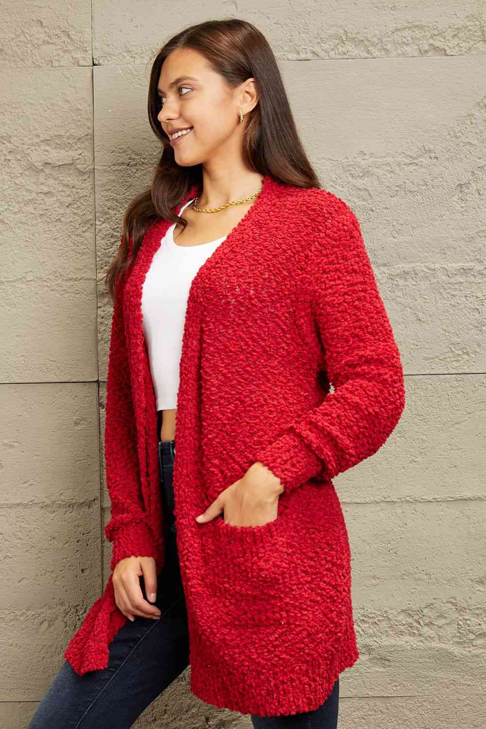 Zenana Falling For You Full Size Open Front Popcorn Cardigan - LustMia