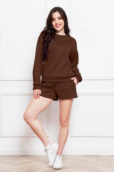 Round Neck Long Sleeve Sweatshirt and Drawstring Shorts Set - LustMia