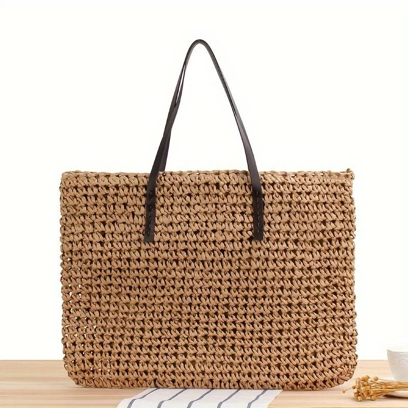 1pc Straw Woven Tote Bag (18.9''x14.17''/48cm*36cm), Luxury Handbag, Large Capacity Fashion Beach Shoulder Bag, Casual Summer Shopping - LustMia