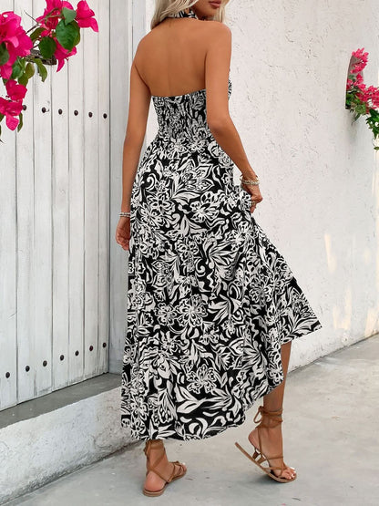 Backless Smocked Printed Sleeveless Midi Dress - LustMia