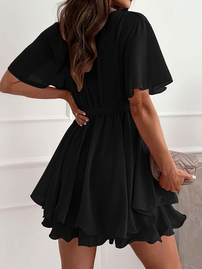 Elegant VNeck Ruffle Hem Chiffon Dress with Belt - By Lustmia - LustMia