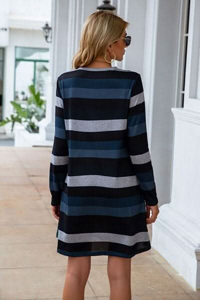 Striped Round Neck Long Sleeve Dress - LustMia