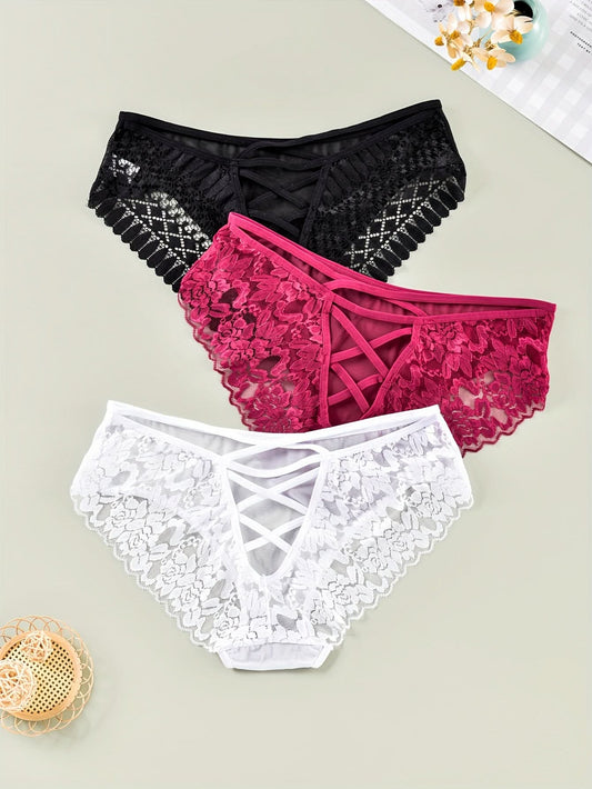 3 Pack Plus Size Sexy Underwear Set, Women's Plus Floral Lace Crisscross Cut Out Back Semi Sheer High Stretch Panties Three Piece Set - LustMia