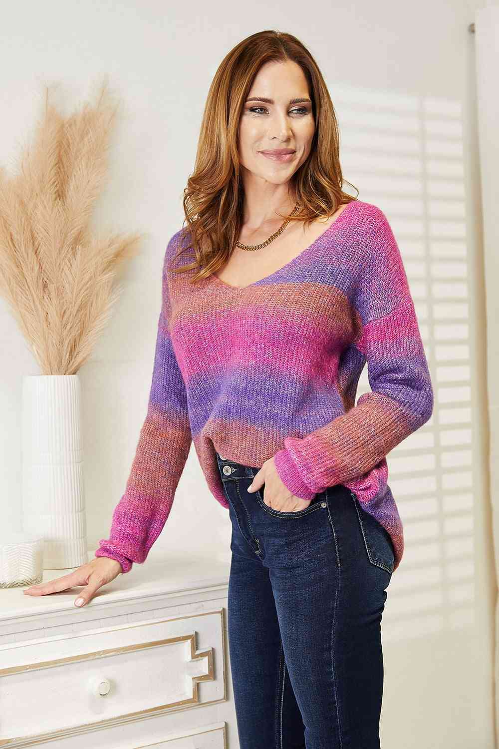 Double Take Multicolored Rib - Knit V - Neck Knit Pullover - LustMia