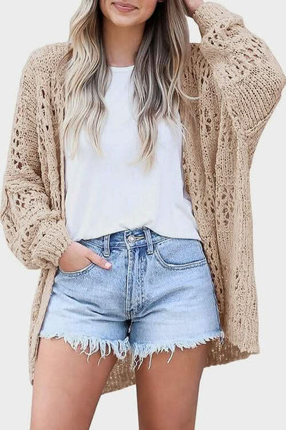 Openwork Open Front Long Sleeve Cardigan - LustMia