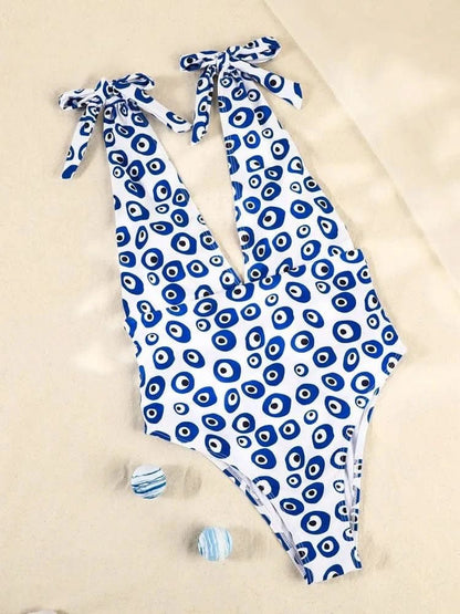 Sexy Swimsuti Dot Print One Piece Suits Newest Bathing Suits Women Patchwork Swimsuits 2022 Swimwear Blue Deep V Neck Beachwear - LustMia