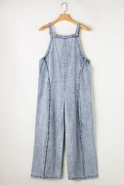 Beau Blue Light Wash Frayed Exposed Seam Wide Leg Denim Overall - LustMia