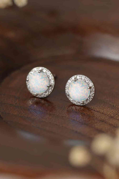 925 Sterling Silver Platinum - Plated Opal Round Stud Earrings - LustMia