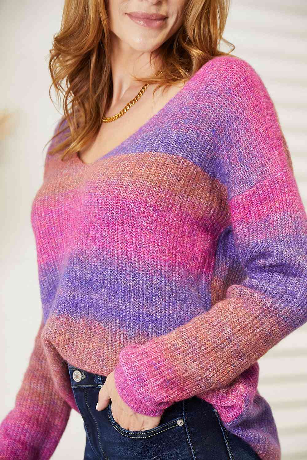 Double Take Multicolored Rib - Knit V - Neck Knit Pullover - LustMia