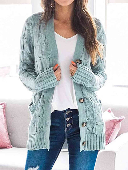 Cable - Knit Buttoned Cardigan with Pockets - LustMia