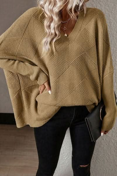 V - Neck Batwing Sleeve Pullover Sweater - LustMia