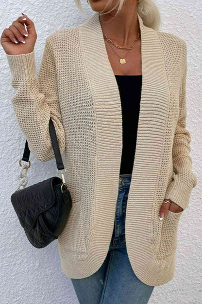 Open Front Rib - Knit Cardigan with Pockets - LustMia