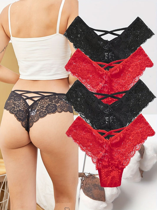 4pcs Floral Lace Panties, Sexy Criss Cross Hollow Scallop Trim Semi - sheer Panties, Women's Lingerie & Underwear - LustMia