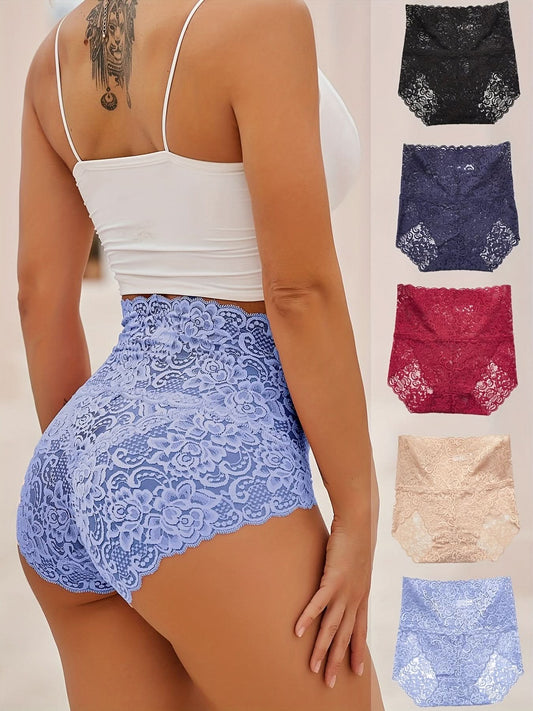 5pcs Floral Lace Briefs, Breathable Scallop Trim Stretch Panties, Women's Lingerie & Underwear - LustMia