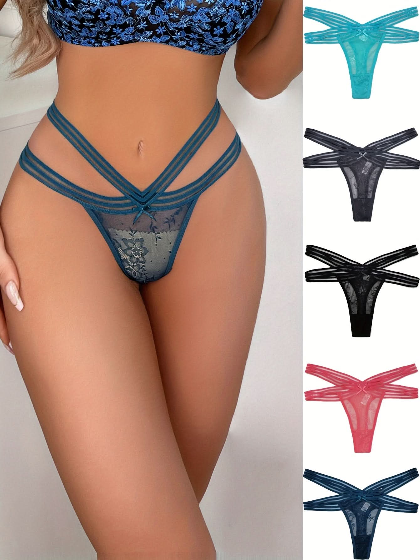 5pcs Floral Lace Thongs, Soft & Comfy Cut Out Intimates Panties, Women's Lingerie & Underwear - LustMia