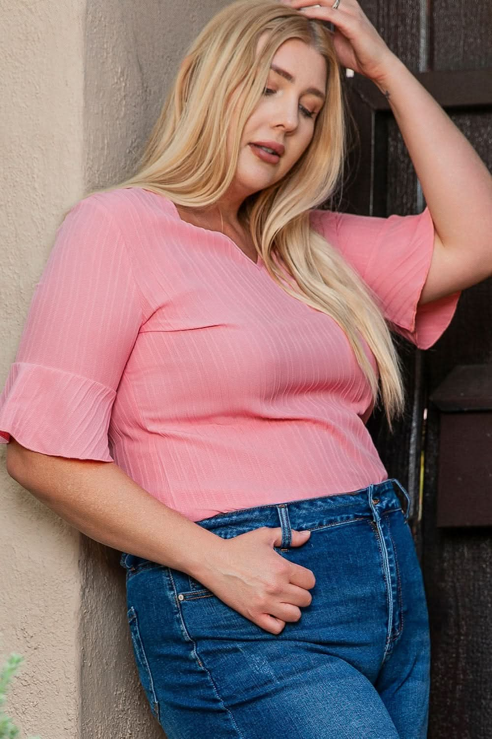 Plus Size V - Neck Half Sleeve Blouse - LustMia