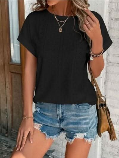 Eyelet Round Neck Short Sleeve T-Shirt - LustMia