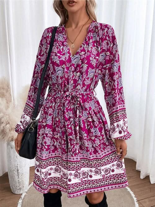 Floral Tie Neck Balloon Sleeve Dress - LustMia