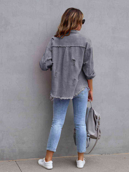 Distressed Drop Shoulder Denim Jacket - LustMia