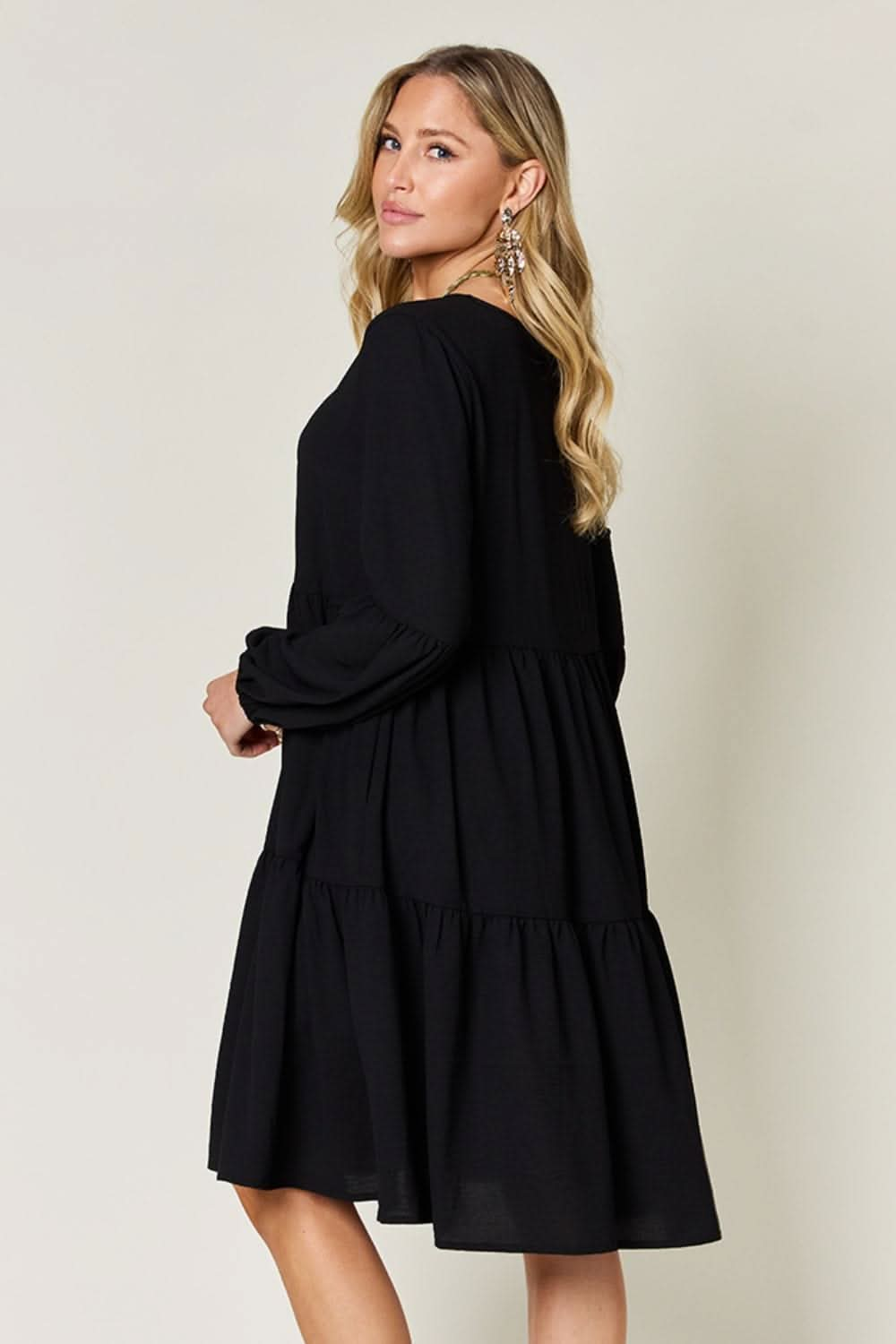 Double Take Full Size V - Neck Balloon Sleeve Tiered Dress - LustMia