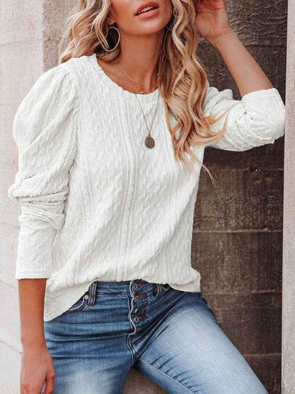 Round Neck Puff Sleeve Knit Top - LustMia