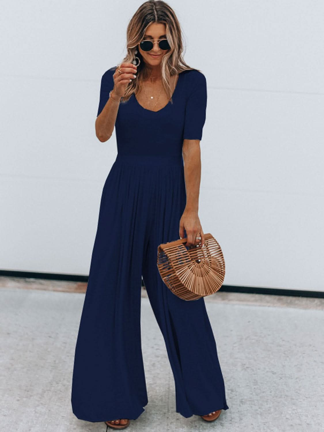 Scoop Neck Short Sleeve Jumpsuit - LustMia