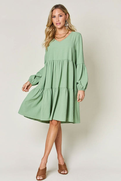 Double Take Full Size V - Neck Balloon Sleeve Tiered Dress - LustMia