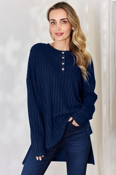 Basic Bae Full Size Ribbed Half Button Long Sleeve High - Low T-Shirt - LustMia