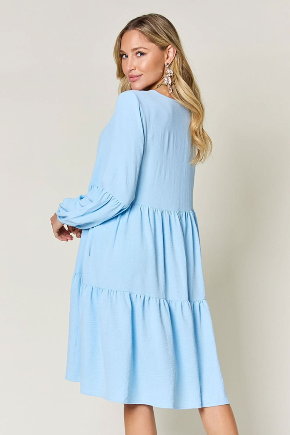 Double Take Full Size V - Neck Balloon Sleeve Tiered Dress - LustMia