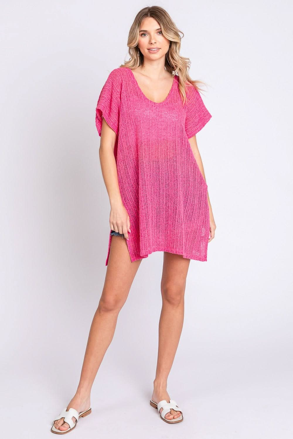 GeeGee Short Sleeve Side Slit Knit Cover Up Dress - LustMia