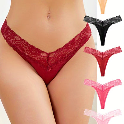 5pcs Lace Stitching Thongs, Sexy Low Waist Semi - Sheer Thong Panties, Women's Lingerie & Underwear - LustMia