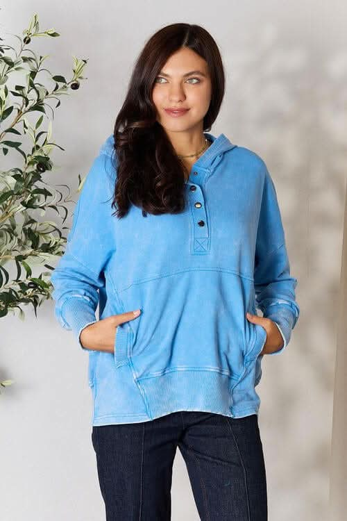 Zenana Half Snap Long Sleeve Hoodie with Pockets - LustMia