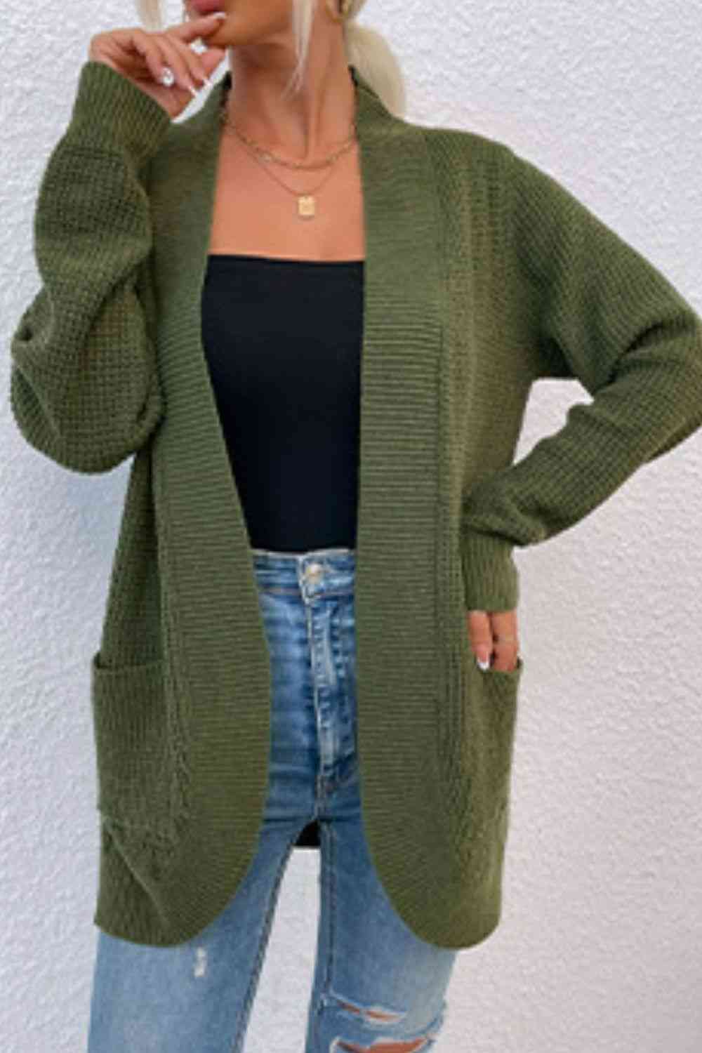 Open Front Rib - Knit Cardigan with Pockets - LustMia