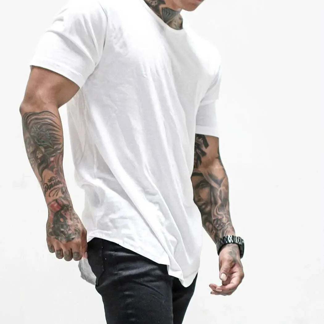 Men T Shirt Solid Colors Casual Workout Shirts Curved Hem T-Shirt Men Fashion Streetwear 3XL - LustMia