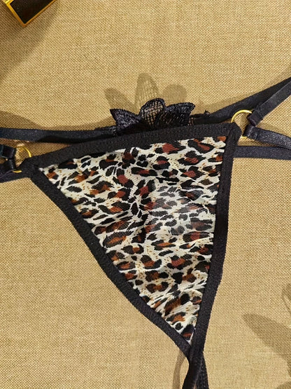 Women's Sexy Thong, Plus Size Leopard Print Floral Appliques Ring Linked Low Rise G - string - LustMia