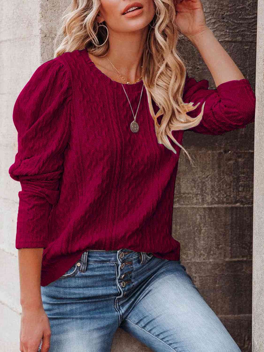 Round Neck Puff Sleeve Knit Top - LustMia