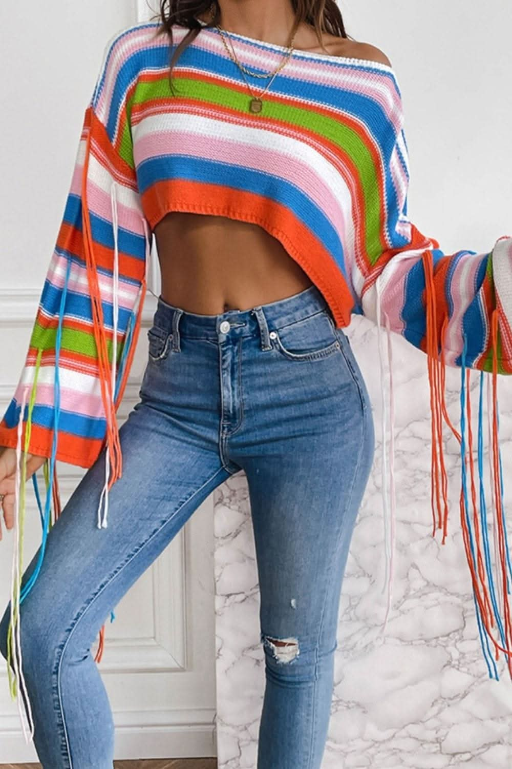 Fringe Striped Round Neck Knit Top - LustMia