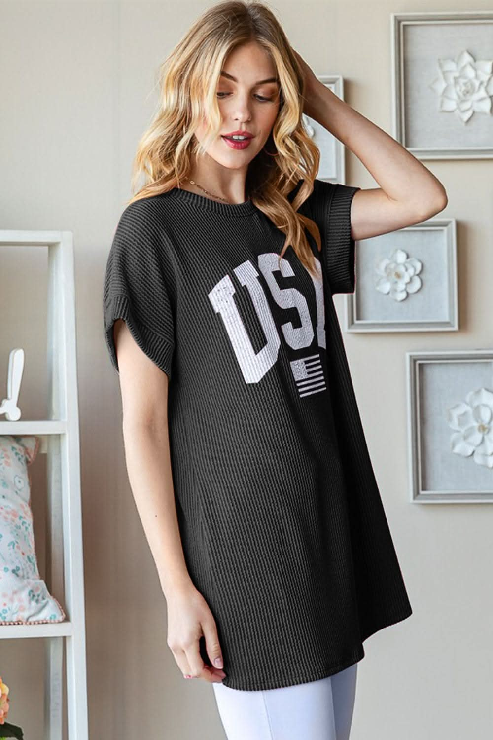 Heimish Full Size USA Graphic Short Sleeve Ribbed Top - LustMia