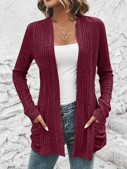 Ribbed Open Front Cardigan with Pockets - LustMia