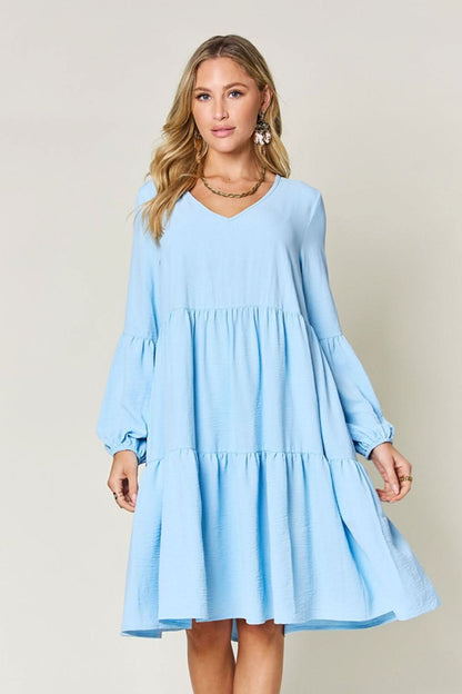 Double Take Full Size V - Neck Balloon Sleeve Tiered Dress - LustMia